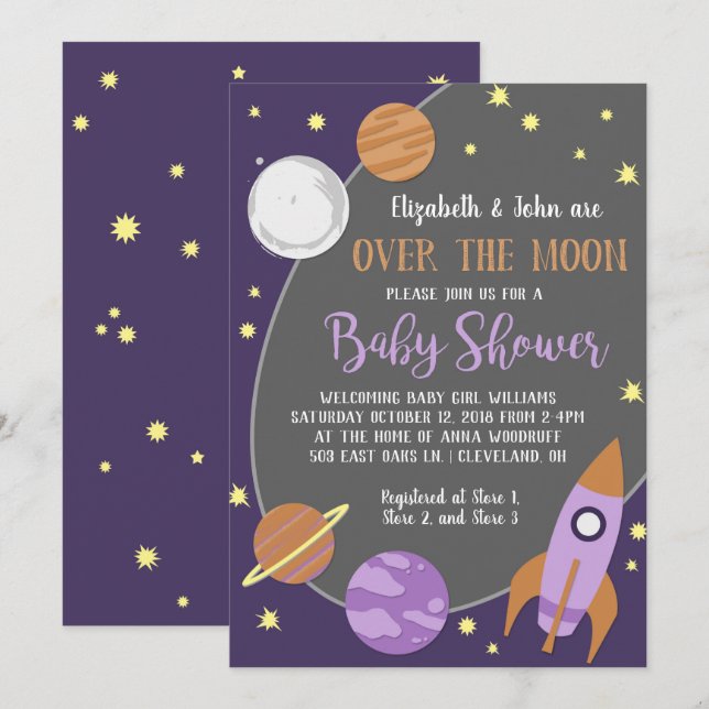 Over the Moon Outer Space Girl Baby Shower Invitation (Front/Back)