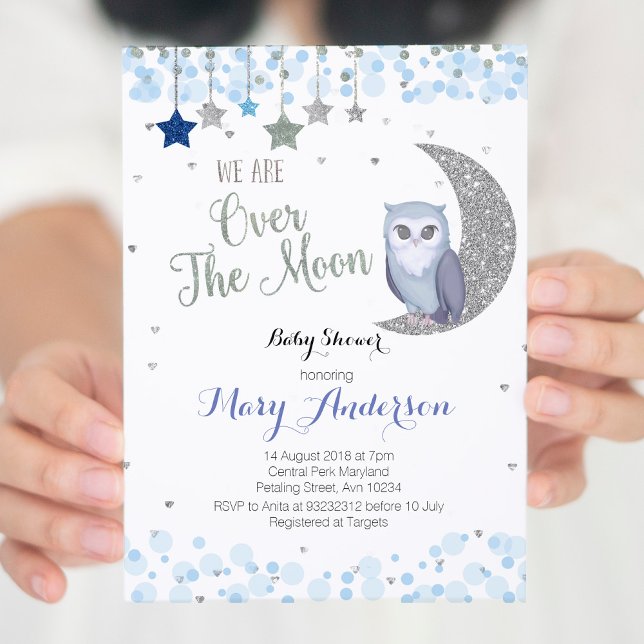 Over the Moon Owl Baby Shower Invitation Blue (Creator Uploaded)