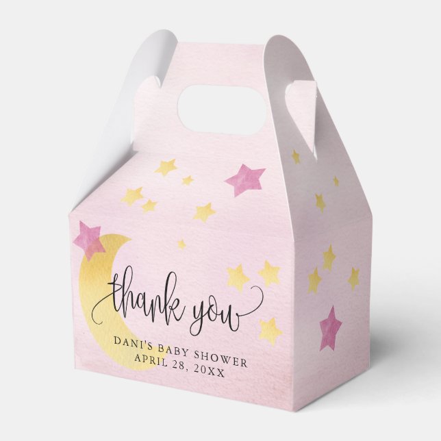 Over the Moon, Pink Baby Shower Moon Stars Favor Box (Front Side)