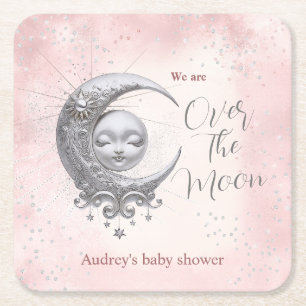 Over The Moon Pink Girl Baby Shower Square Paper Coaster