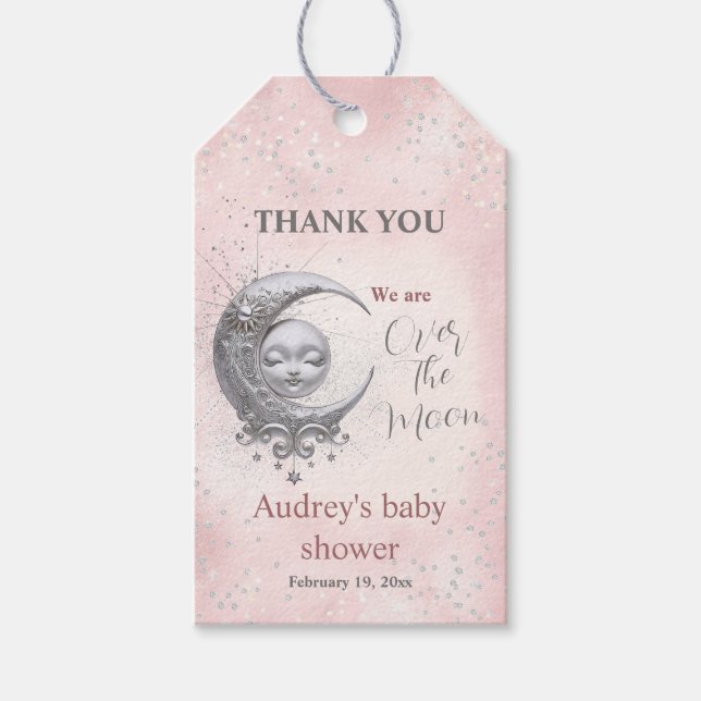 Over The Moon Pink Girl Baby Shower Tag (Front)