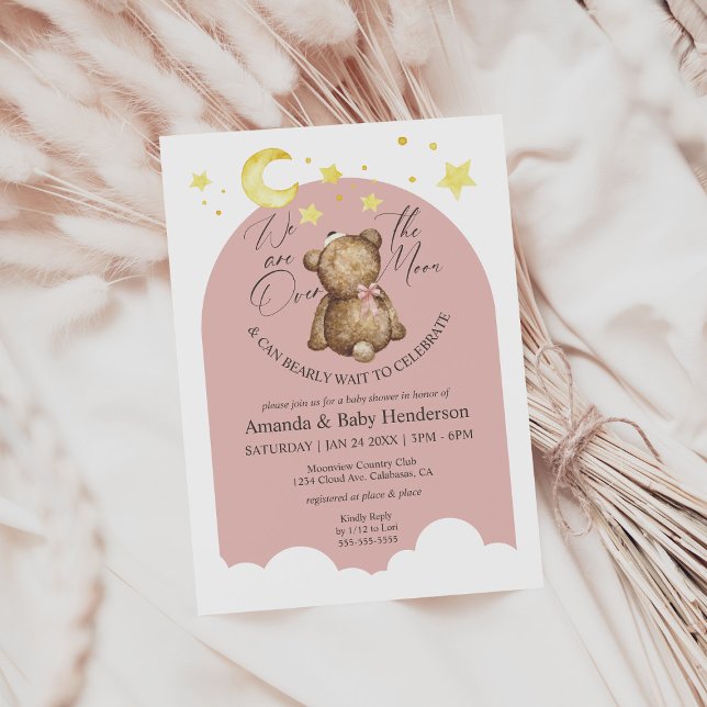 Over The Moon Pink Girl Teddy Bear Baby Shower Invitation (Creator Uploaded)