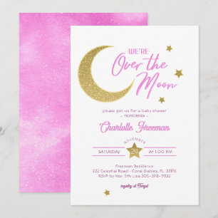 Over the Moon Pink & Gold Baby Girl Shower Invitation