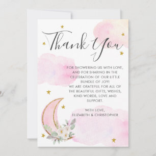 Over the Moon Pink Gold Dreamy Girl Baby Shower Thank You Card