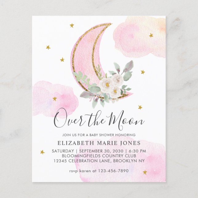 Over the Moon Pink Gold Floral Girl Baby Shower (Front)