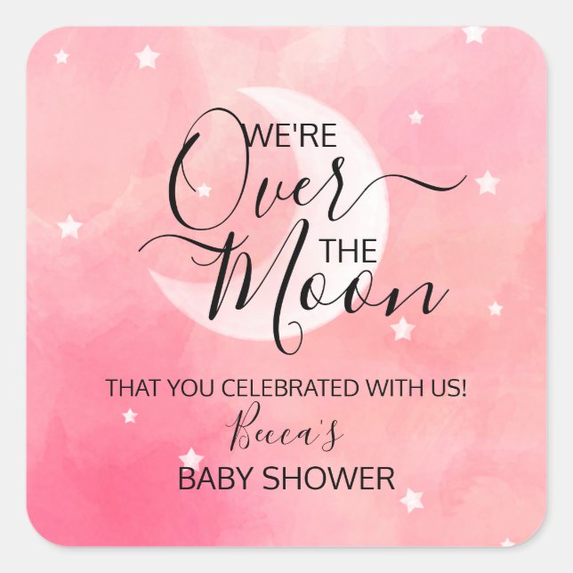 Over The Moon Pink Thank You Baby Shower Square Sticker (Front)