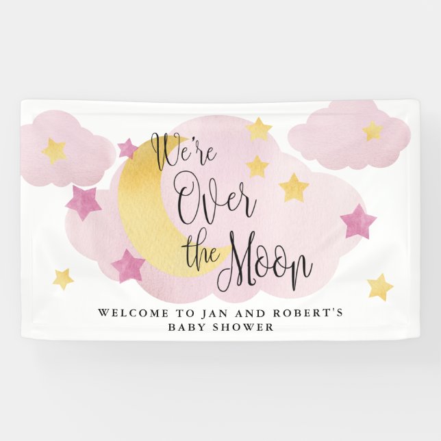 Over the Moon, Pink Watercolor Baby Shower Banner (Horizontal)