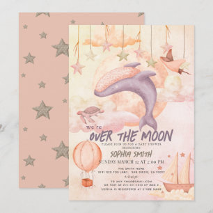 Over the Moon Pink Whale Boho Girl Baby Shower Invitation