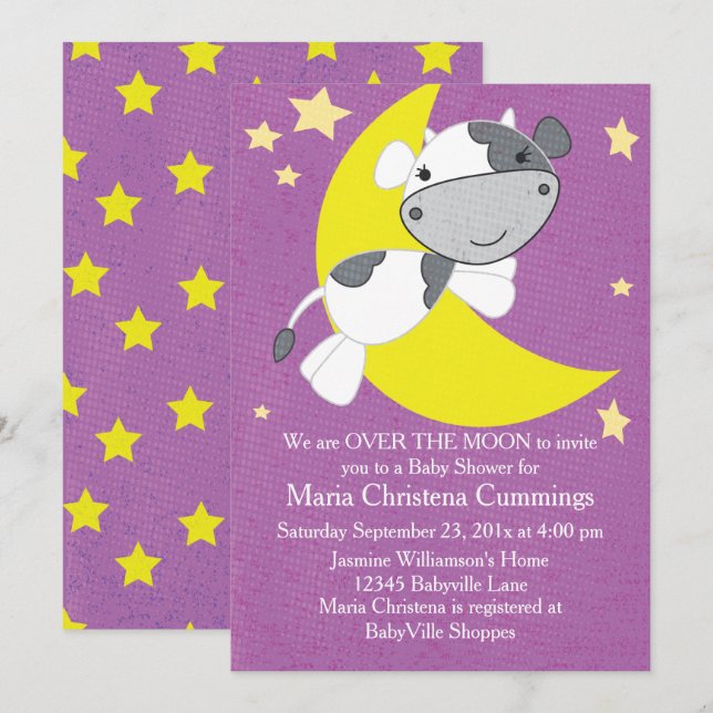 Over The Moon Purple Baby Shower Invitation (Front/Back)