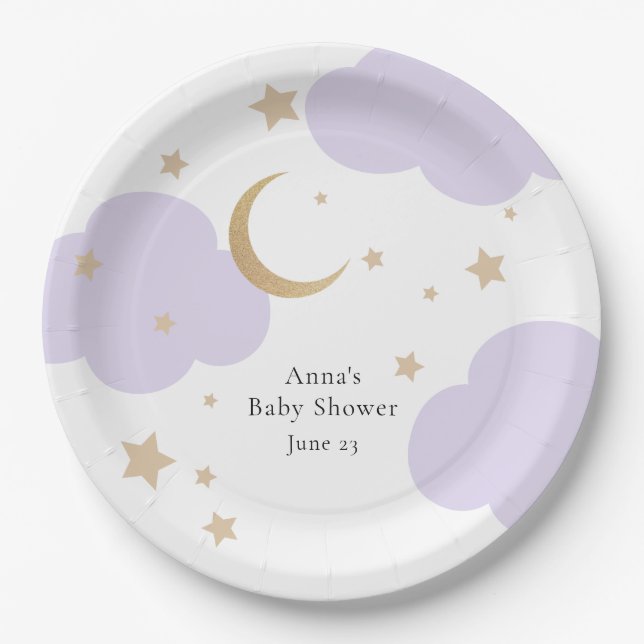 Over the Moon Purple Baby Shower  Paper Plate (Front)