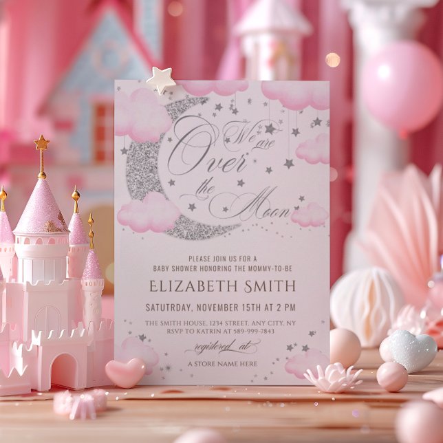 Over the Moon Silver Pink Baby Shower Invitation (Creator Uploaded)