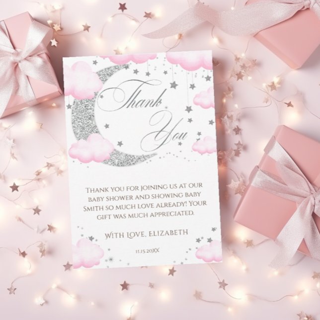 Over the Moon Silver Pink Baby Shower Welcome Thank You Card (Creator Uploaded)