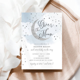 Over the Moon Silver Stars Blue Baby Shower Invitation