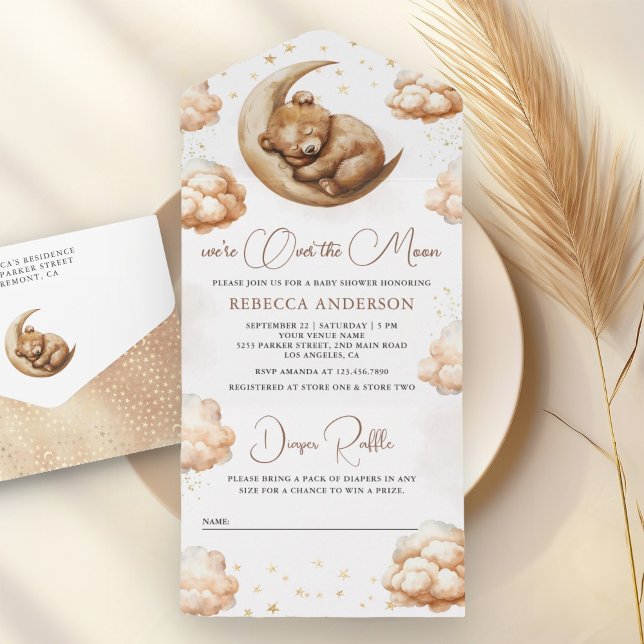 Over the Moon Sleeping Teddy Bear Boho Baby Shower All In One Invitation (Creator Uploaded)