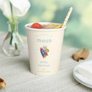 Over The Moon Spaceship Rocket Bear Baby Shower Paper Cups