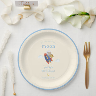 Over The Moon Spaceship Rocket Bear Baby Shower Paper Plate