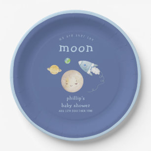 Over The Moon Spaceship Rocket Boy Baby Shower Paper Plate