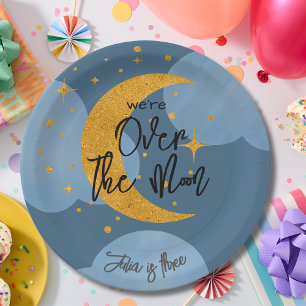 Over the moon sparkling moon kids Birthday Paper Plate