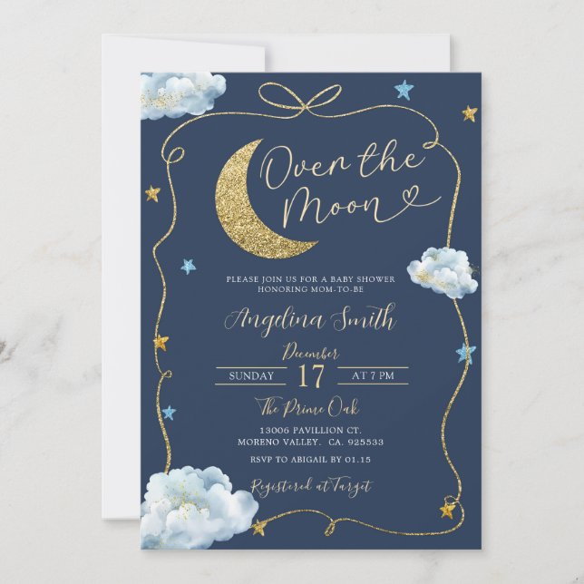 Over the Moon Stars Baby Shower Handdrawn With Bow Invitation (Front)