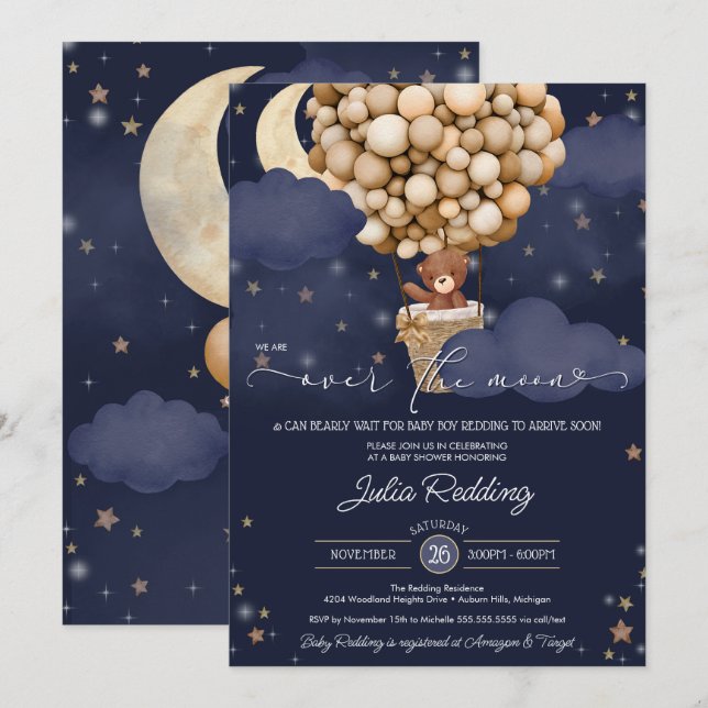 Over the Moon Teddy Bear Air Balloon Baby Shower Invitation (Front/Back)
