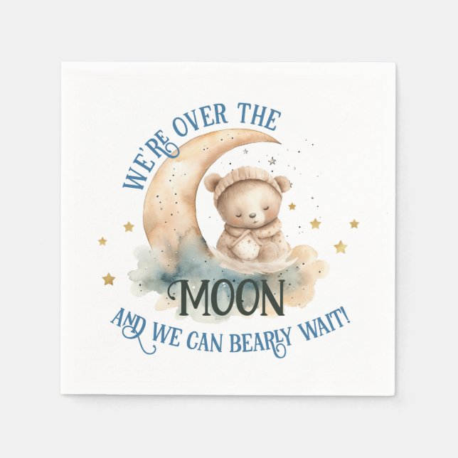 Over The Moon Teddy Bear Baby Boy Shower Napkin (Front)