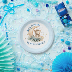 Over The Moon Teddy Bear Baby Boy Shower Paper Plate