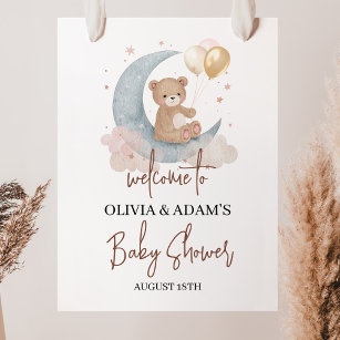 Over The Moon Teddy Bear Baby Shower Welcome Sign