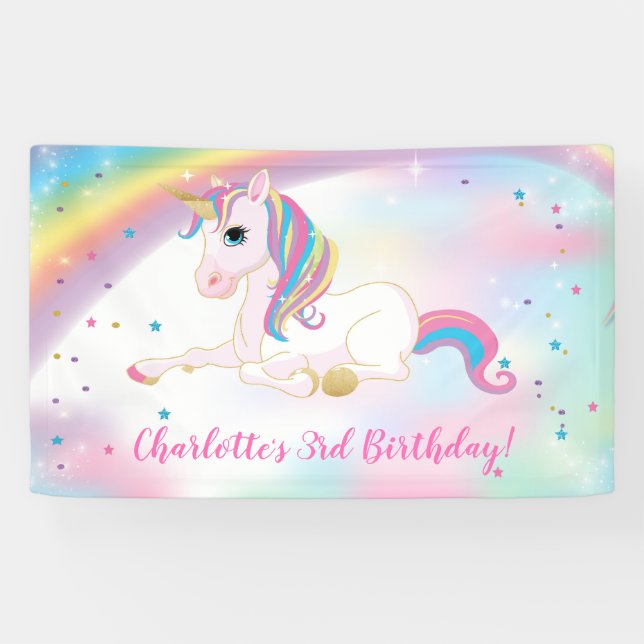 Over The Rainbow Magical Unicorn Birthday Backdrop Banner (Horizontal)