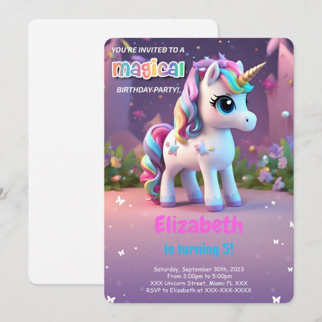 Over The Rainbow, Unicorn Birthday Invitation (Front/Back)