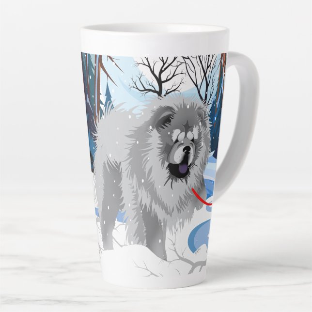 OVER THE RIVER Blue Chow latte mug with text (Right Angle)