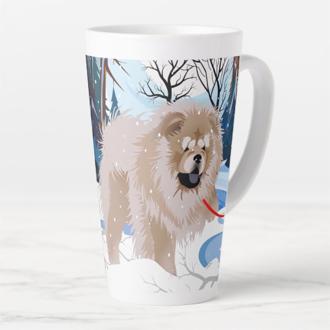 OVER THE RIVER Fawn Chow latte mug with text (Right Angle)