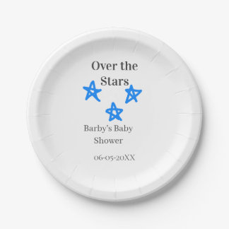 Over the Stars blue gray baby shower name date ele Paper Plate