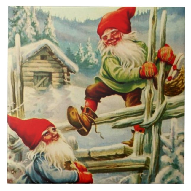 “Over the Wooden Fence” Gnomes by Jenny Nystrom Tile (Front)