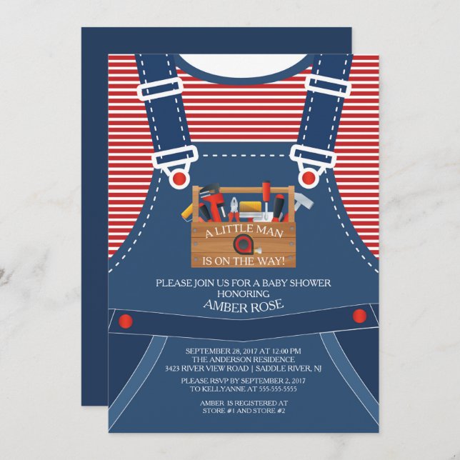 Overalls Little Man Tools Invitation Baby shower (Devant / Derrière)