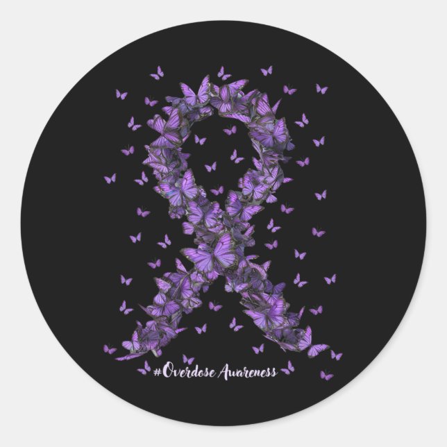Overdose Awareness Butterfly Purple Ribbon Drug Ad Classic Round Sticker (Front)