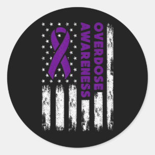 Overdose Awareness Flag Pruple Ribbon Addiction Re Classic Round Sticker