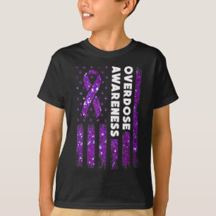 Overdose Awareness Flag Pruple Ribbon Addiction Re T-Shirt