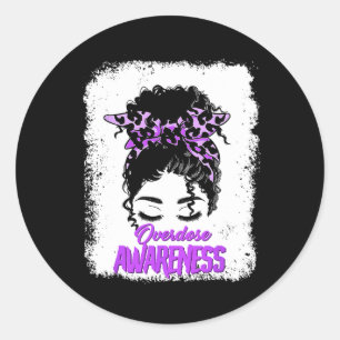 Overdose Awareness Messy Bun Purple Ribbon Drug Ad Classic Round Sticker