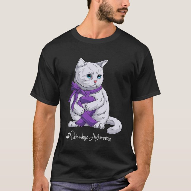 Overdose Awareness Month Purple Ribbon Cat T-Shirt (Front)