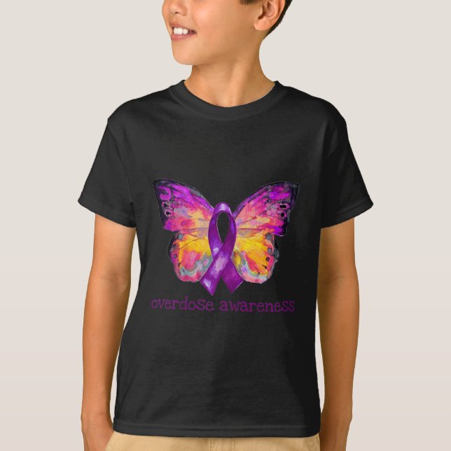 Overdose Awareness Purple Ribbon Butterfly Grief L T-Shirt (Front)