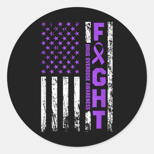 Overdose Awareness Purple Ribbon Usa Flag Drug Classic Round Sticker (Front)