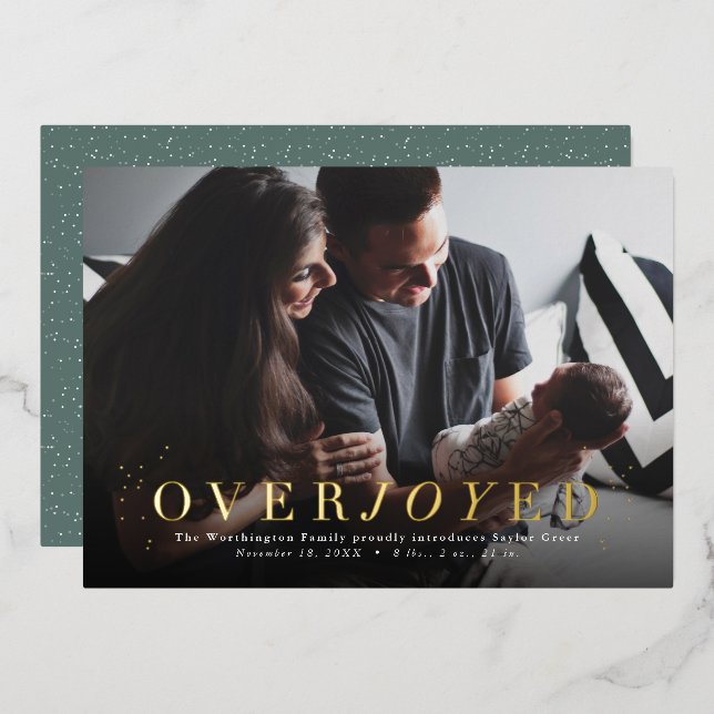 Overjoyed foil holiday photo birth announcement (Front/Back)