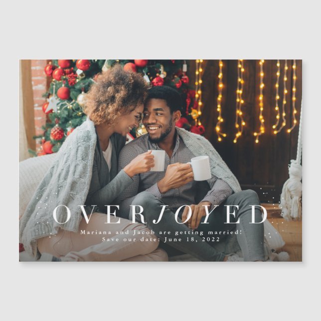 Overjoyed holiday photo save the date magnet (Front)