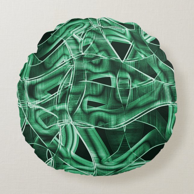 Overlapping and crossed green acrylic cutouts round pillow (Front)