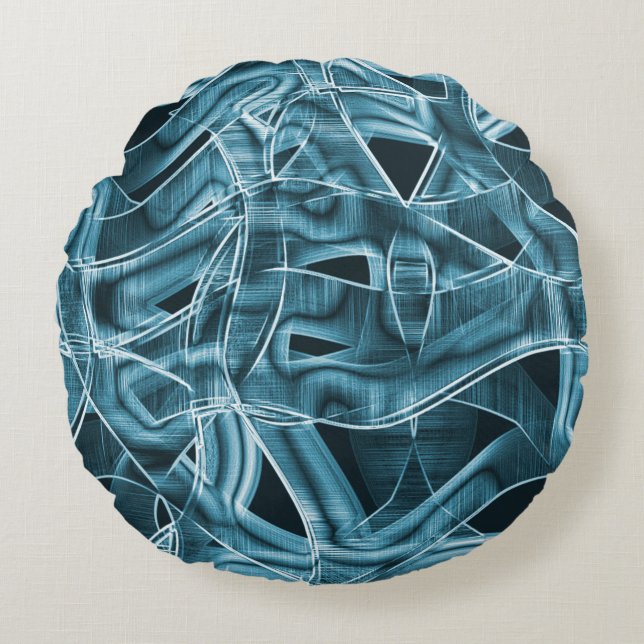 Overlapping curves in tape shape, blue neon relief round pillow (Front)