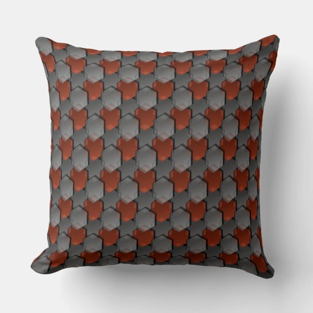 Overlapping grey and red hexagons throw pillow (Front)