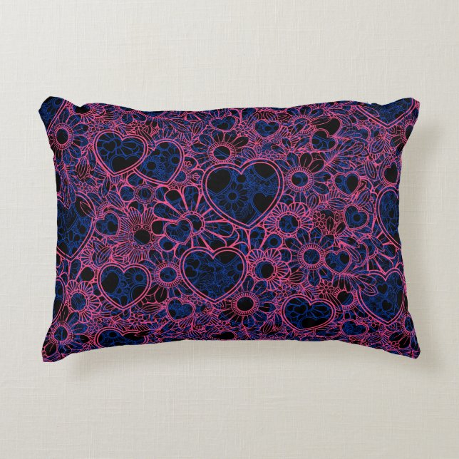 Overlapping Hearts Pattern, Pink on Blue Black BG Accent Pillow (Front)