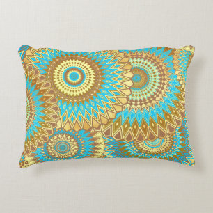 Overlapping Mandala Blue Brown Gold Accent Pillow