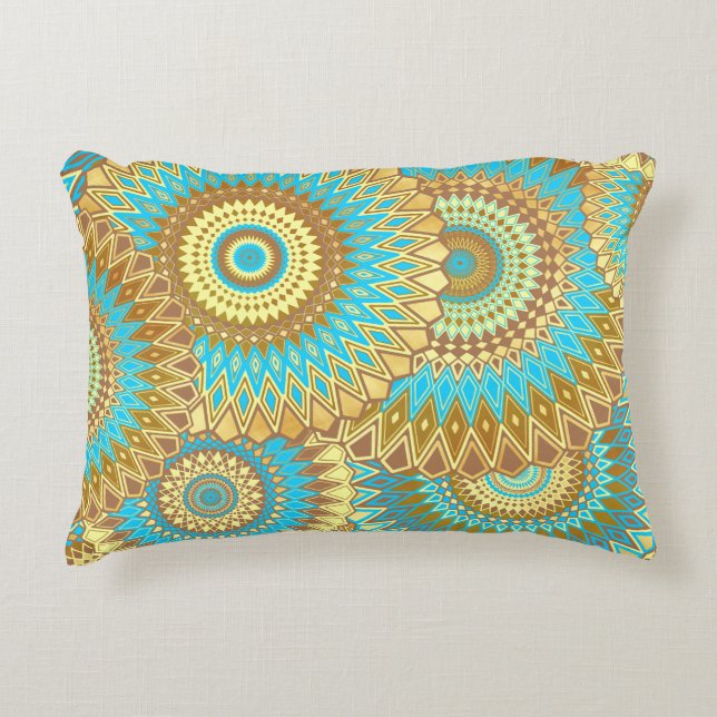 Overlapping Mandala Blue Brown Gold Accent Pillow (Front)