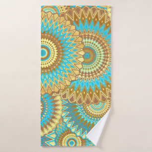 Overlapping Mandala Blue Brown Gold Bath Towel